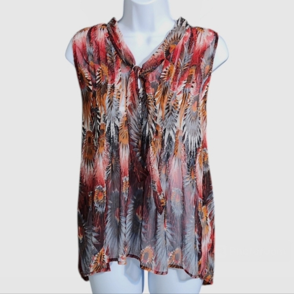 RXB Red Orange Feather Print Blouse With Studded Detail
